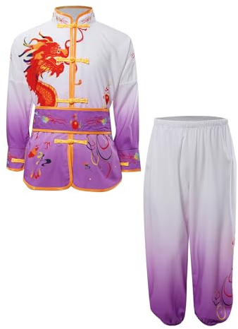 RUNQHUI Enfant Garçon Fille Ensemble Arts Martiaux Costume Kung Fu Tai Chi Chinois Tenue Sport Violet 11-12 ans
