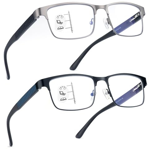 Missfive 2 Pack Metall Gleitsichtbrille Herren, Nahbereichs-Gleitsichtbrille für Büro und Lesen, bis 1 Meter, Halbrahmen Multifokale Lesebrille Mit Federscharniere, 1.25x
