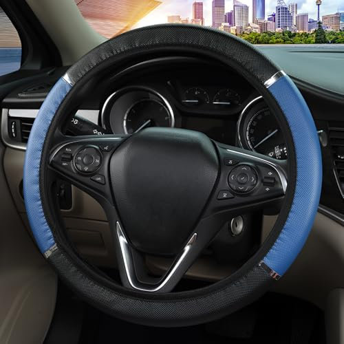 Car Steering Wheel Cover Leather,Anti-Slip Steering Wheel Cover for Universal Size 37-38.1cm/14.5-15inch Breathable Carbon Fiber with Foam Metal Accents Sports Elastic Protector Band Blue