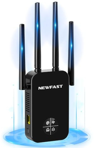 NEWFAST Ripetitore WiFi Potente per Casa, 1200Mbps WiFi Extender Dual Band con 4 Antenne, Porta Ethernet, WPS, Display Intelligente, Supporta 3 Modalità
