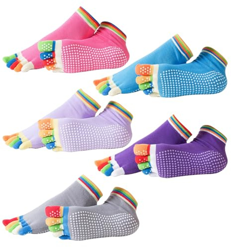 Fjquamitix 5 Pairs Toe Yoga Socks For Women Non Slip Five Finger Pilates Socks Soft Breathable Cotton Blend Idea For Yoga Ballet Workout Fitness UK Size 4-7 EU 35-40 (Colorful Toe)