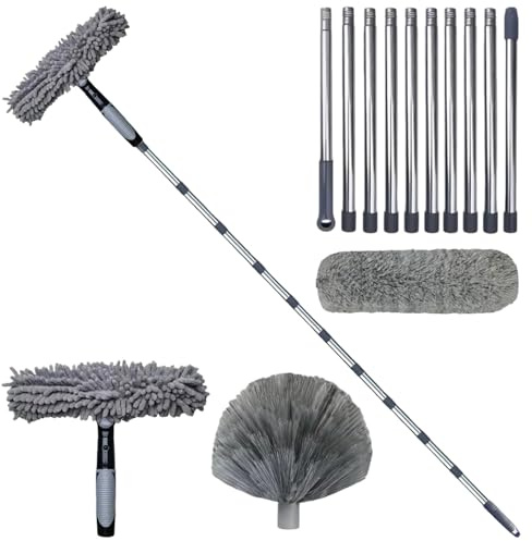 Dammvippa teleskop 6 m med förlängningsstång 1,5 till 4,9 m, 3-i-1-rengöringsset för dammmopp mikrofiber och spindelvävkvast, fönstertorkare med teleskophandtag för höga tak och fläkt