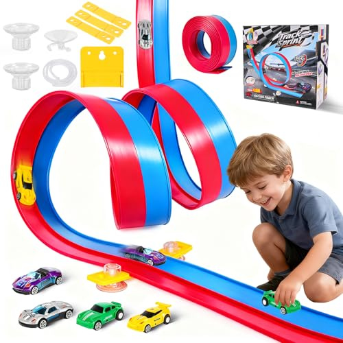4.6M Autorennbahn Rennbahn für Kinder 3 4 5 6 Jahre mit 4 Spielzeugautos, Flexible Rennbahn für 1/64th Autos Spielzeug ab 3 4 5 6 Jahre Jungen Mädchen Geschenk Jungen Mädchen 3-6 Jahre