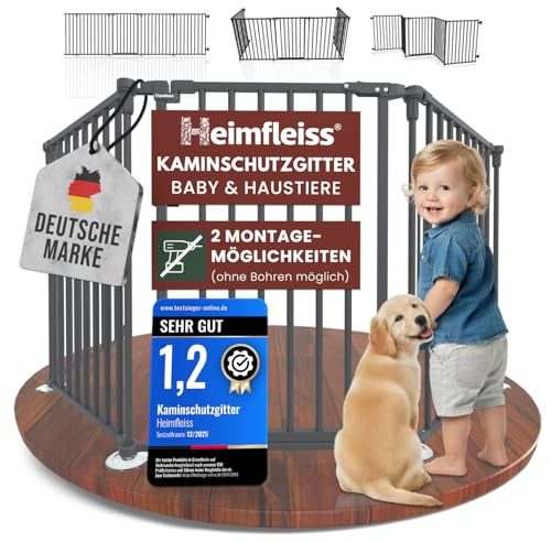 Heimfleiss® Kaminschutzgitter Baby mit Sicherheitsverschluss | Ofenschutzgitter für Kinder & Hunde | Ofengitter Kinderschutz aus Stahl | Universal nutzbar als Kamin-, Tür- & Treppenschutzgitter (Grau)