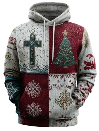Maglioni di Natale da uomo Felpe con cappuccio con grafica a croce natalizia rossa decorativa stampata felpe da uomo foderate in pile pullover a maniche lunghe calde giacche invernali, cachi, 3XL