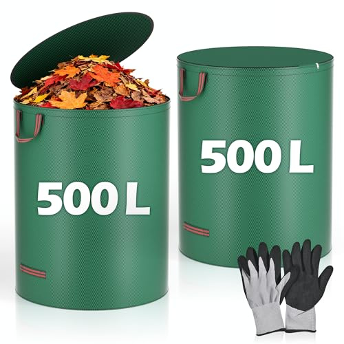 Flaveano Bolsa Jardin, 2 Sacos De 500 Litros Con Tapa y Guantes De Jardinería