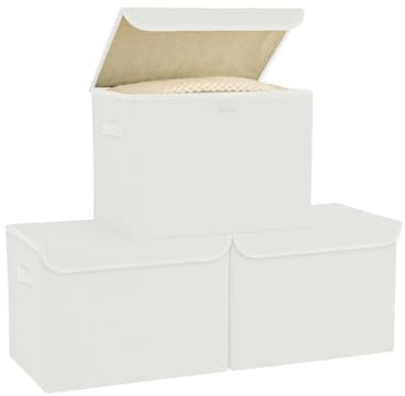 Bagnizer Small Collapsible Storage Boxes with Lids & Handles 3PCS | Fabric Storage Basket Bins for Clothes Toy Storage Box Folding for Wardrobe Bedroom Office White 25x20x15CM