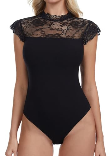 Joyshaper Body da donna in pizzo, elegante, con colletto alto, con volant, a maniche corte, camicetta leopardata, Nero , M