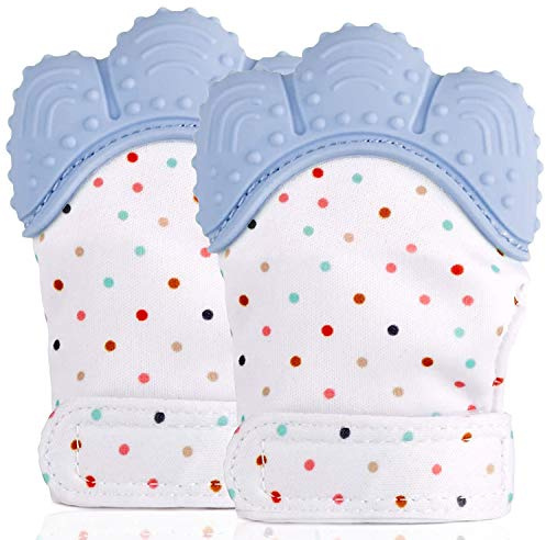 2 Pack Food Grade Silicone Teether Glove, Baby Teething Mitten - Prevent Scratches Protection Gloves Soothing Pain Relief Mitt Stimulating Teething Toys for Baby (Blue)