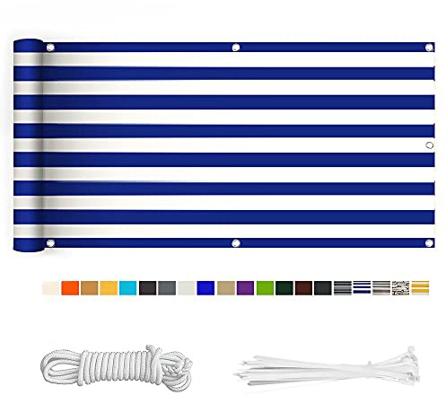 HERILIOS Balkon Sichtschutz, Balkonabdeckung 220 g/m² Innen Balkonverkleidung UV-Schutz (210Größen&21Farben) mit Ösen Kabelbinder und Kordel für Balkongeländer Terrasse,90X200CM Blau-weiß gestreift