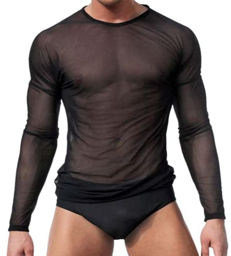 Crongless Men's Sexy Tank Top, Mesh Long Sleeves Transparent T-Shirt See Through Vest (M)