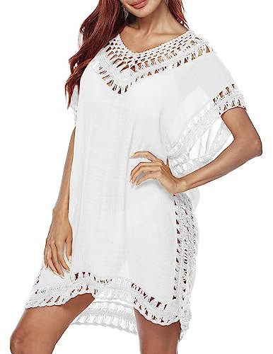Figarge Bikini Cover Up Strandkleid Damen Sommer Strandponcho V-Ausschnitt Beachwear Strandkleider Damen Cover Up Strandkleid (Weiß)