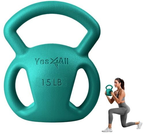 Yes4All Kettlebell, 5-25lb Strength Training Kettlebells for Women, Wide Multi-grip Textured Handle for Home Gym Exercises & Full Body Workout (15lbs - Green)