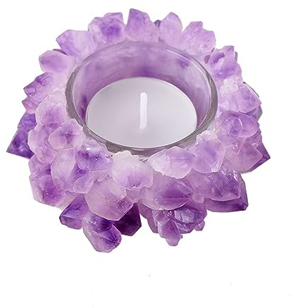 Natural Amethyst Cluster, Raw Crystal Tealight Candle Holder Crystal Stone Candle Stand High Energy Geode Votive with Healing Effects