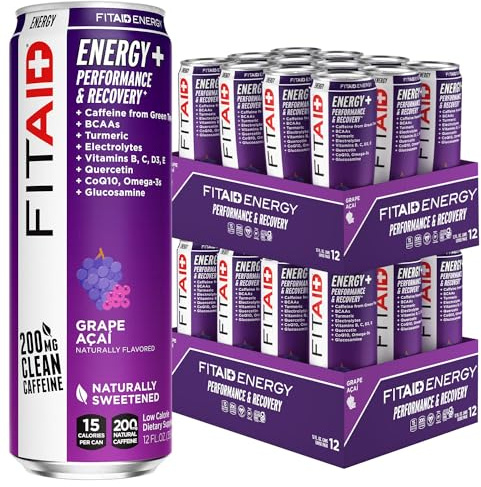 LIFEAID FITAID Energy Grape AÇAI, 200mg Natural Caffeine, Keto, Pre-Workout Performance: BCAAs, Quercetin, Electrolytes, Omega-3s, 15 Calories, Paleo, Vegan & Gluten-Free,12-oz (Pack of 24)