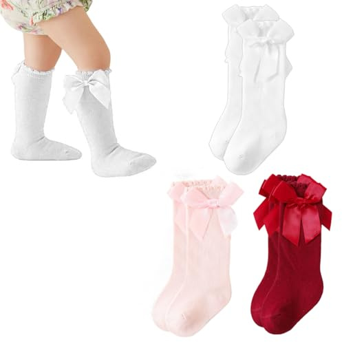 XOUDKE 3 pares Calcetines hasta la Rodilla para Niña Calcetines de Vestir para Niño Pequeño Calcetines con Lazo para Bebé Calcetines Infantiles de Algodón,Adecuado para niñas de 1 a 3 años