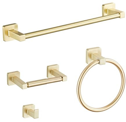 Set di accessori da bagno in oro spazzolato, 4 pezzi, in acciaio inossidabile, da parete, include barra portasciugamani da 40 cm, anello per asciugamani, ganci per accappatoio, porta carta igienica