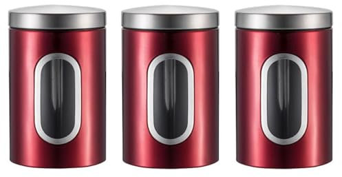 Simcat Tea Coffee Sugar Jar 1500ml Kitchen Canister Set of 3 with Viewing Window, 3Pcs Stainless Steel Storage Jars, Airtight Dried Food Storage Container (Red)