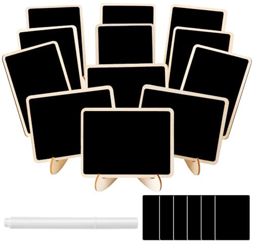 JEFURE Kreidetafel Klein mit Ständer 12 Stück, Kleine Tafel zum Buffetschilder, Preisschilder Aufsteller, Tischkärtchen, Tafel zum Beschriften, Platzkarten Hochzeit, mit Kreidemarker