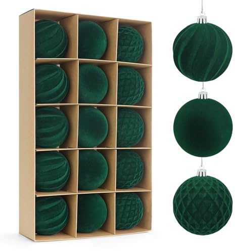 Miaikoe 15 Stück Samt Weihnachtskugeln hängende Ornamente Set, vorgebunden zerstörungsdicht Plastik Flocked Weihnachtskugeln Weihnachtsdekorationen Festival Feiertagsparty Dekor (grün, 8CM)