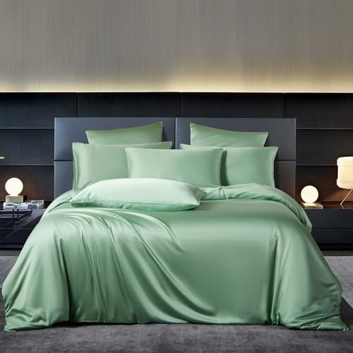 YASMENG Biancheria da letto in bambù 200x200 verde tinta unita 50% bambù Lyocell Biancheria da letto in seta di lusso morbida e traspirante set copripiumino 3 pezzi con cerniera e 2 federe 80 x 80 cm