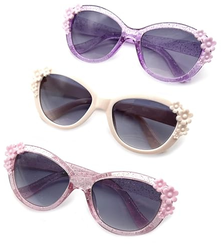 XINB LOOK Kids Sunglasses Girls, Cute Flower Frame Cartoon UV Glasses, Toddler Sunglasses Party Favor for Ages 3-10 (3, Cream-coloured/Transparent pink/Purple)