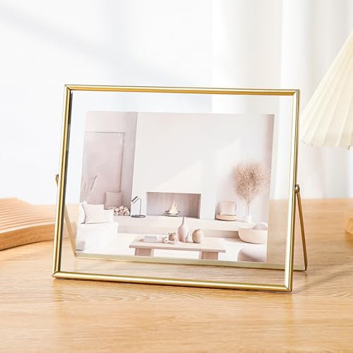 Cornice portafoto flottante, 20 x 25 cm, orizzontale, in metallo, rettangolare, in vetro temperato dorato, per soggiorno