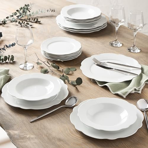 Geneviève Lethu 545865 Service de Table en Porcelaine Blanche 18 pièces pour 6 personnes - Assiettes plates, assiettes creuses, assiettes à dessert - Collection Vienne à la Forme festonnée