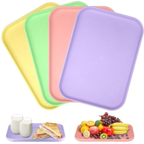 4 st plastbrickor för matservering, 24 × 17 cm rektangulär serveringsbricka återanvändbara middagar i nordisk stil, matbricka för drycker, mellanmål, frukt, efterrätter (rosa, grön, lila, gul)