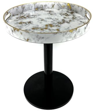 Heaven4you Round Wooden End Side Table with Decorative Marble-Style Tray Top with Gold Accents | Stylish & Functional Accent Table for Any Room