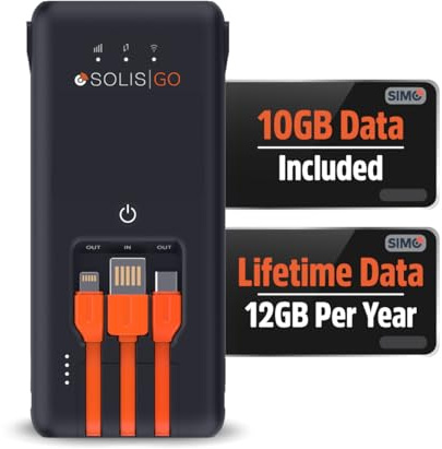 SIMO Solis Go - Punto de acceso 4G LTE y banco de energía | Incluye datos de por vida (12 GB por año) y datos globales de 10 GB | Multioperador | Internet en más de 140 países | Sin contrato | Wi-Fi