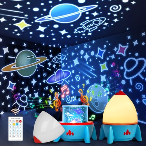 Lampara Infantil, Proyector Bebes Luces y Musica, Proyector de Luz Nocturna, Cohete Juguete Estrella Giratorio con Función de Mando a Distancia y 8 Patrones, Luz Quitamiedos Bebe Regalo Niños