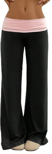 Yoawdats Fold Over Yoga Pants for Women Wide Leg Sweatpants Low Rise Flare Lounge Pant Bell Bottoms Y2K Foldover Pants (Black a, S)