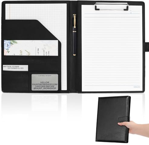 Professional Padfolio with Clipboard, Faux Leather Portfolio Folder Binder, Legal Pad Holder for A4 Letter Size Notepad, Resume, Writing Pad, Ideal Organizer for Business Office Conference, Black,