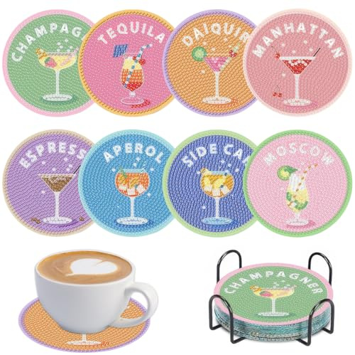 8 stycken cocktaildiamantmålning underlägg, cocktail diamant koppunderlägg | diamantmålningsunderlägg med hållare, cocktail diamantunderlägg, för vuxna, nybörjare och pysselvänner