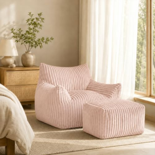 Calivra Pouf XXL pour adultes avec ottoman – Fauteuil inclinable ergonomique avec 5 zones de soutien, housse de cordon, rembourrage en mousse à rebond élevé, gain de place pour salon (rose)
