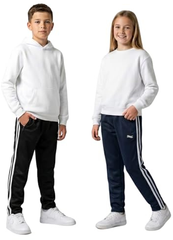 Pack of 2 Boys Tracksuit Bottoms Kids Joggers Unisex Elasticated Waist Jogging Trousers Silky Lightweight Sports Gym Open Hem Pants with Zip Pockets Black & Blue 11-12 Year