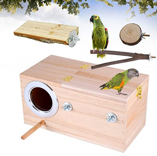 Holzsammlung Wellensittich Nistkasten, Mit 3 Sitzstangen Aus, Holz Voliere Brutkasten für Liebevogel Ellensittich Sittich Lovebirds Papageien, 25 cm x 13 cm x 13 cm
