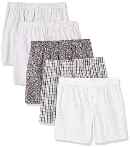 Amazon Essentials Men's Woven Cotton Boxer Short Underwear (Available in Big & Tall), Pack of 5, Arrow Geo/Bright White/Olive Ditsy Floral/Plaid/White, X-Large