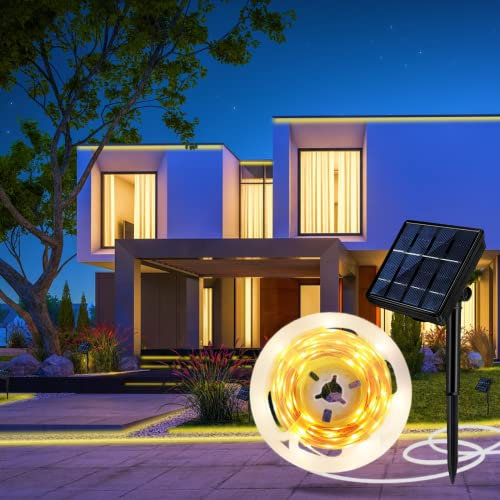 Aitesuo Solar LED Strip 5m, Warmweiß 2700K Solarbetriebene LED Streifen Außen, 180 LEDs, 8 Modi, Schneidbar, IP65 Wasserdicht, LED Band Selbstklebend für Garten, Terrasse, Balkon, Treppe, Camping
