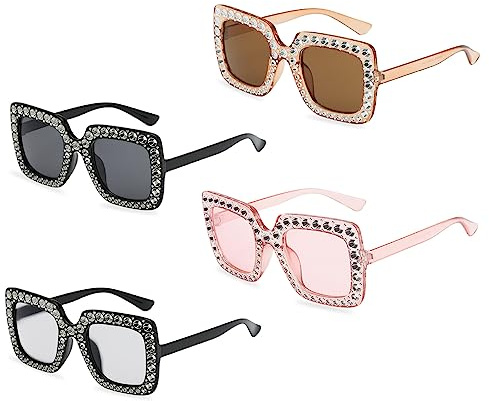 TSHAOUN 4 par överdimensionerade strass solglasögon, fyrkantiga bling glasögon, unisex kristall strass tjocka ram, klänningstillbehör, Svart, vit