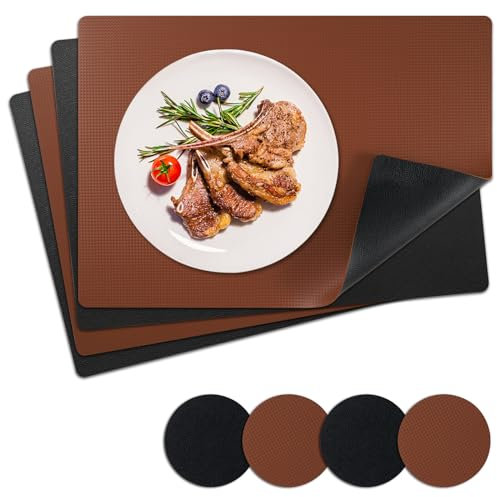 NOSTHEART Manteles Individuales y Posavasos, Juego de 4 Salvamanteles Manteles Lavables Individuales Resistentes al Calor Antideslizante Fácil de Limpiar y Impermeables de Doble Cara (Negro Marrón)