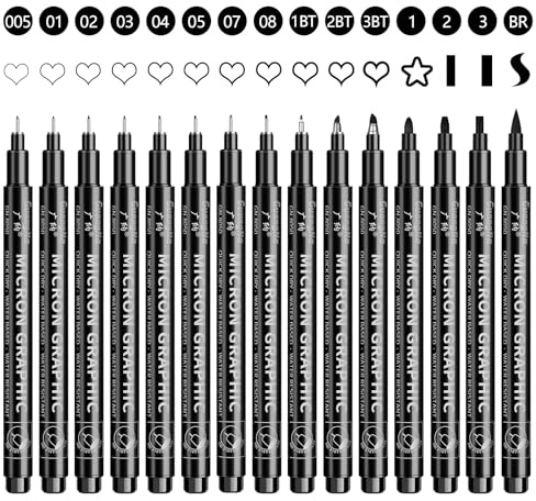 OFFCUP Fineliner Stifte Set, 15 Stück Schwarz Filzstiften, Pigment Liner Tuschestifte mit 15 Linienbreiten, Stifte für Künstler Stifte feiner Spitze zum Skizzieren, Illustrationen, Schreiben