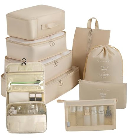 Packpåsar för resväskor, resväska arrangör set researrangör, 9 stycken bagageförpackningsarrangör, bagagekuber för att sortera och organisera resetillbehör