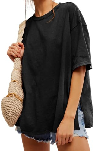 Tankaneo Womens Oversized Tshirts Summer Casual Short Sleeve Crew Neck T Shirt Loose Fit Side Slit Tee Tops Black