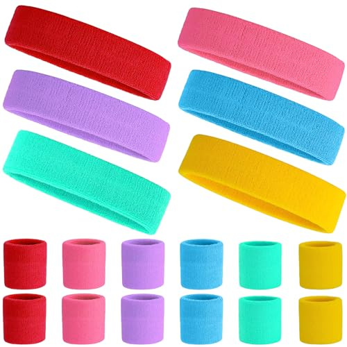 YOUNGSAY 6 Pezzi Sport Fasce Capelli per Uomo e Donna + 12 Polsino Tennis, Antiscivolo Fasce Antisudore, Adatto per Basket, Tennis, Badminton e Palestra (6 Colori)