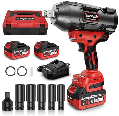SundpeyPRO Akku Schlagschrauber 2100N·m, Bürstenloser Schlagschrauber mit Hohem Drehmoment und 2 x 4,0 Ah Akku, Impact Wrench mit 3/4 auf 1/2 Adapter, 5 Stecknüssen und Koffer für Auto, LKW