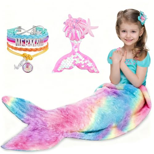 Couverture Queue De Sirène,Brille dans Le Noir Queue De Sirene Enfant Fille,Flanelle Douce Couverture Enfant,Porter des Bracelets Et des Barrettes,Portable en Peluche pour Filles (violet rosâtre)