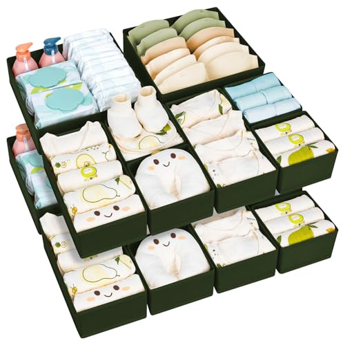 15 Pack Drawer Organiser Clothes - Baby Drawer Dividers with Zipper Green | 3 Size Wardrobe Organiser For Card Game, Sticky Note, Chargers, Stapler, Stationery, Key, Clip on Desk, Home Office, Playroom
