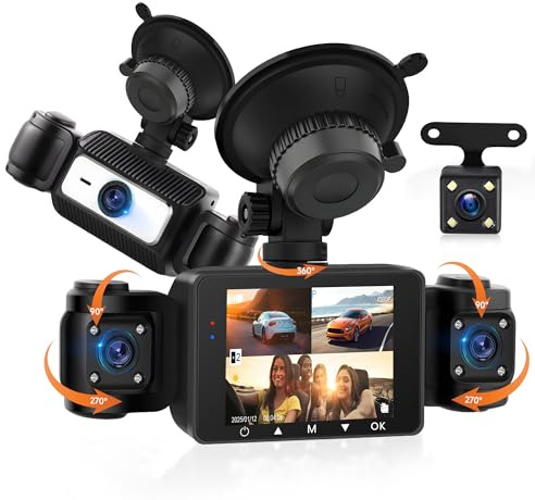 Rimoody 4 Canales 360° Dashcam para Coche, 4 Cámara Delantera y Trasera Izquierda Derecha, 2.4 Pulgadas 1080P Dash CAM con Visión Nocturna IR/Vídeo en Bucle/24H Monitor/G-Sensor de Aparcamiento